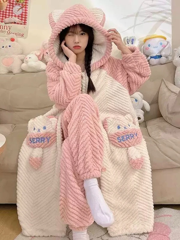 【小狐狸】睡袍长款连帽2024爆款家居服毛绒宽松套装冬季睡衣