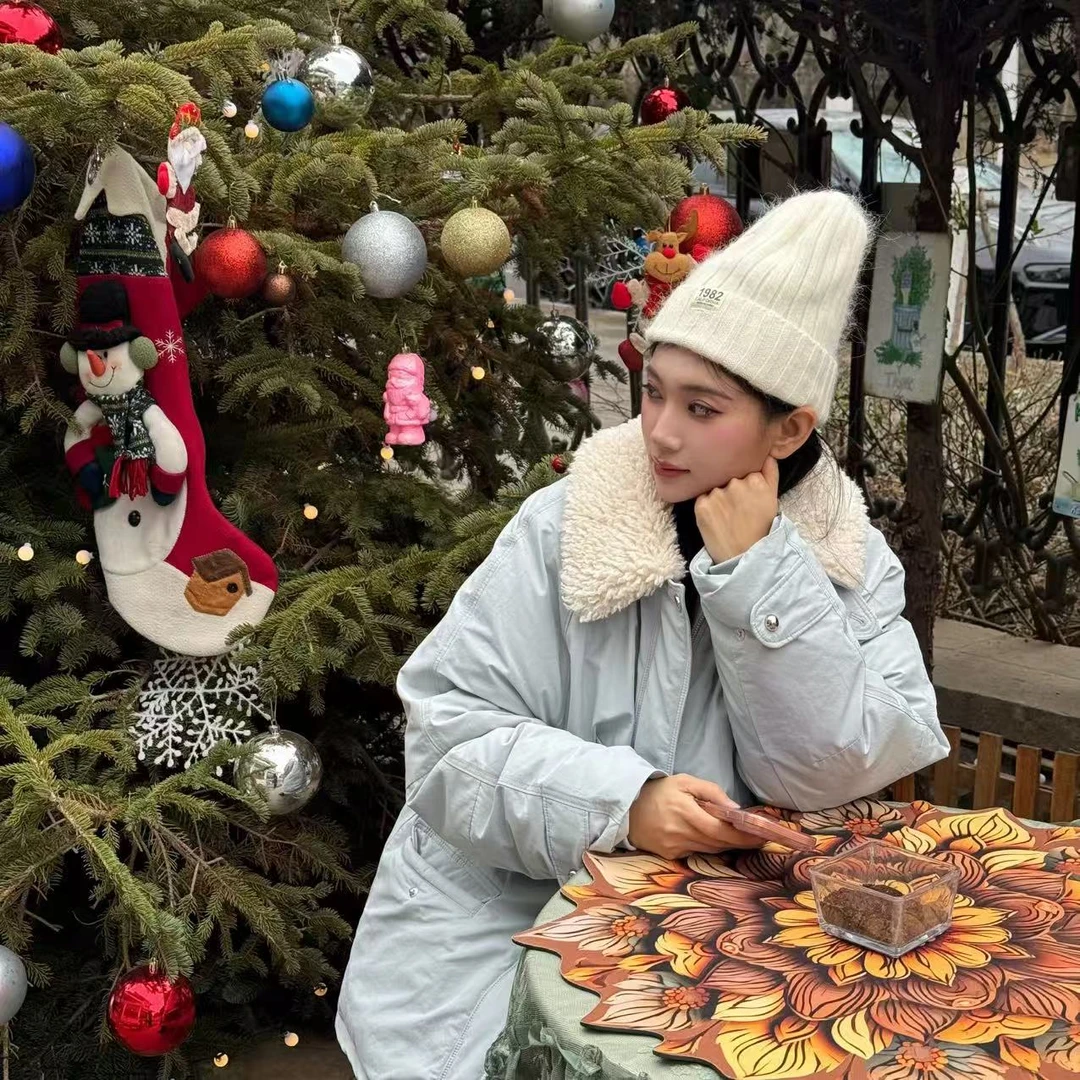 KS/韩设计师LAN.H新款减龄羊羔毛翻领中长款羽外套