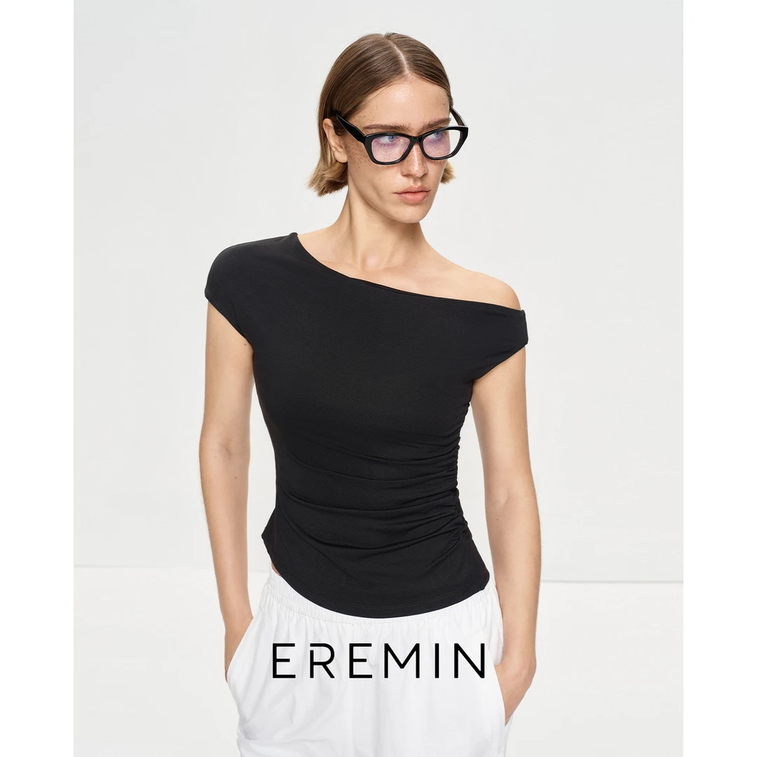 DE Mincollection斜肩褶皱T/荡领不规则褶皱显瘦木代棉T恤55044