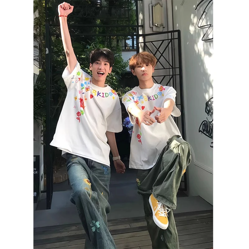 白色涂鸦印花短袖男夏季美式高街oversize重磅t恤高级感宽松半袖