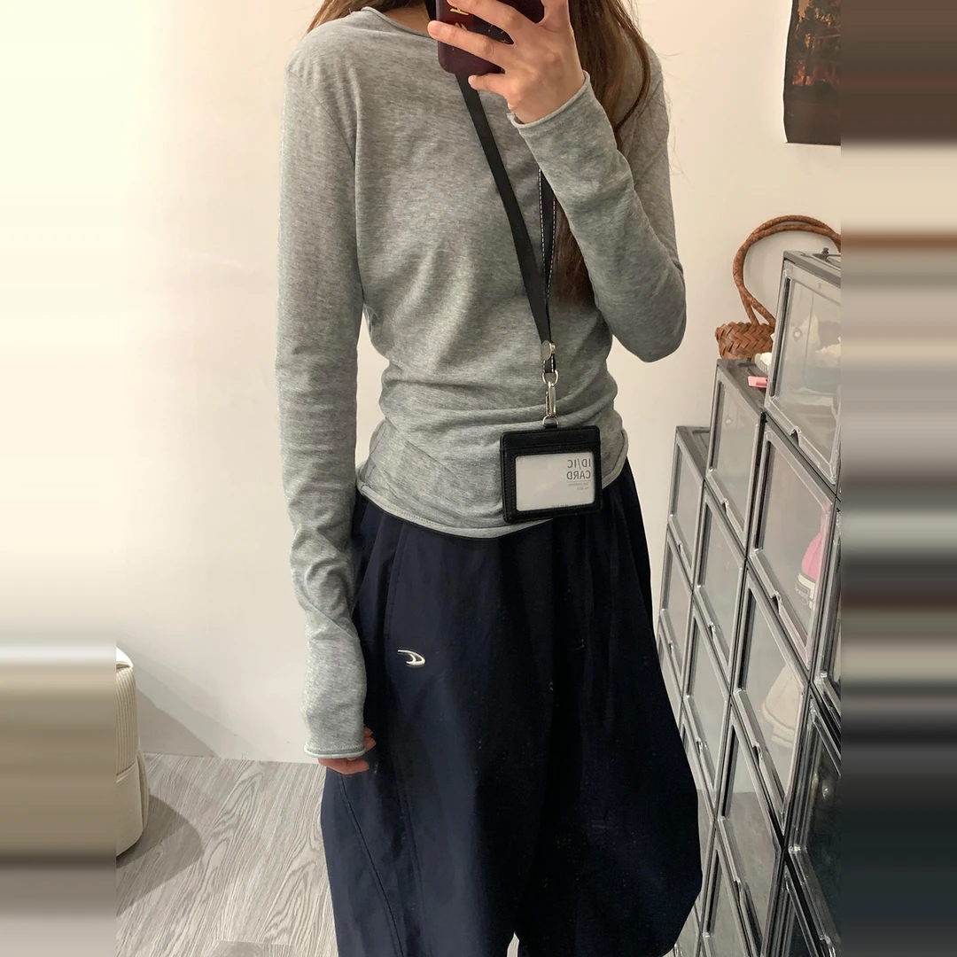 设计感卷边纯色正肩长袖t恤女秋季内搭打底衫韩系chic别致小上衣