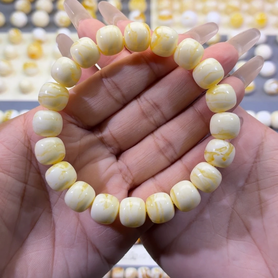 琥珀未镶嵌珠宝奇石11mm瓷白虎皮同料手串
