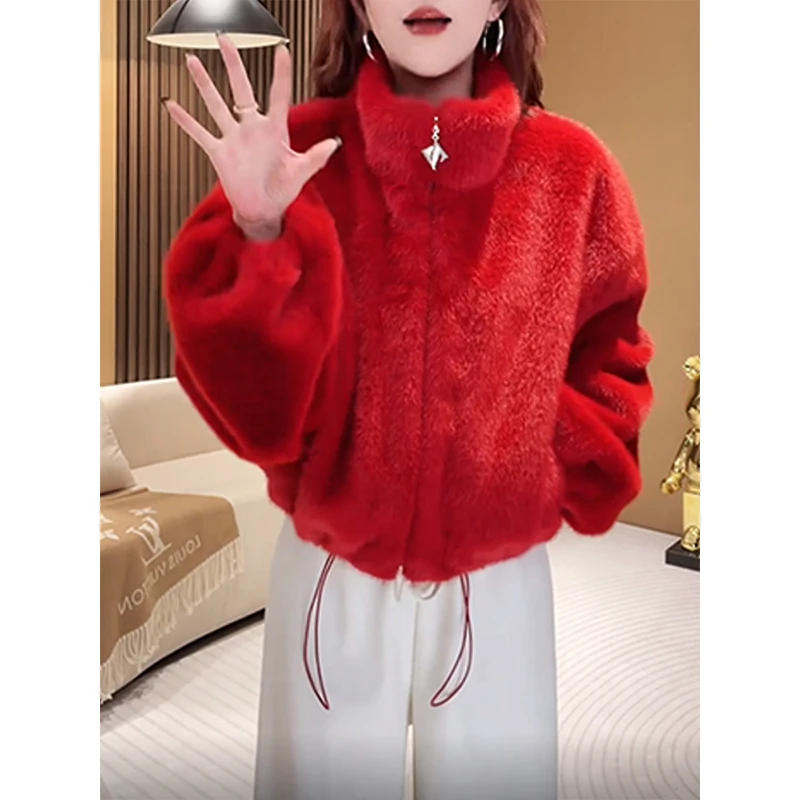 2025冬季韩系复古立领貂皮短款立领皮毛一体水貂毛绒毛毛短外套女