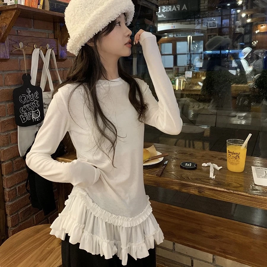 中大童女童T恤2025年韩版白色拼接花边芭蕾风下摆长袖打底BKL567