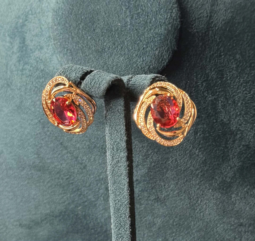 铜合金锆石耳饰 大红色花形耳环1003