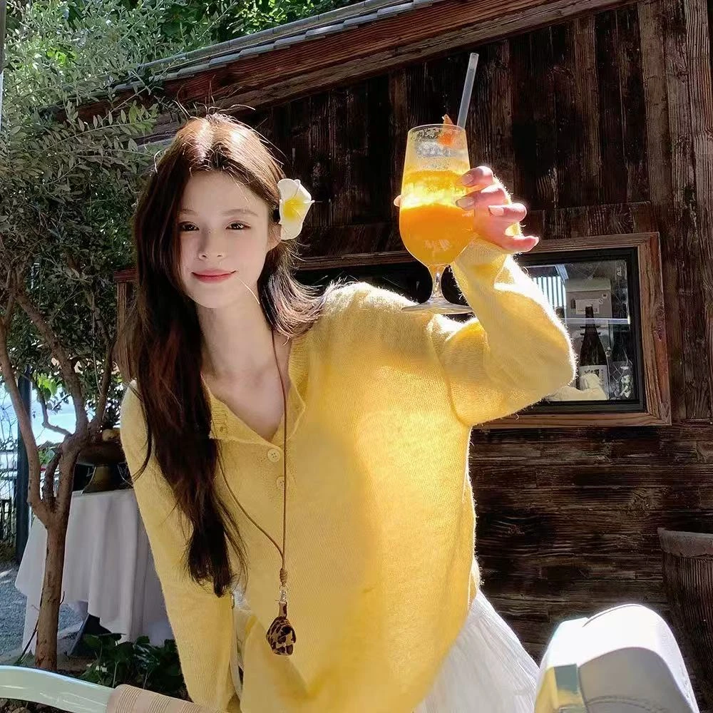 【乐一专属】亨利领微透薄款针织衫女春卷边长袖罩衫网红慵懒风