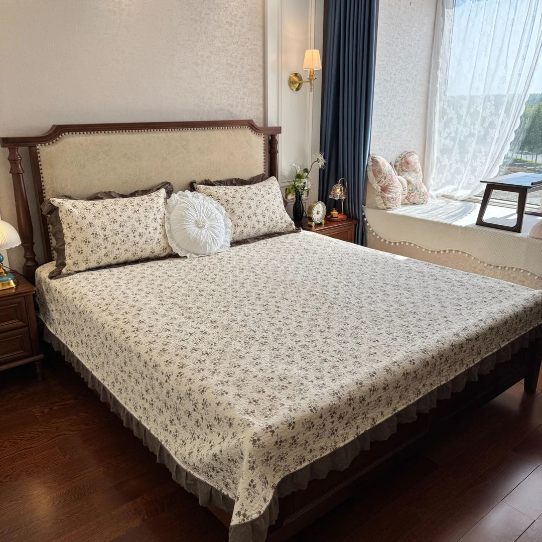 2025新款【月桂床盖三件套】全棉花卉花边款床盖四季通用款加厚床单