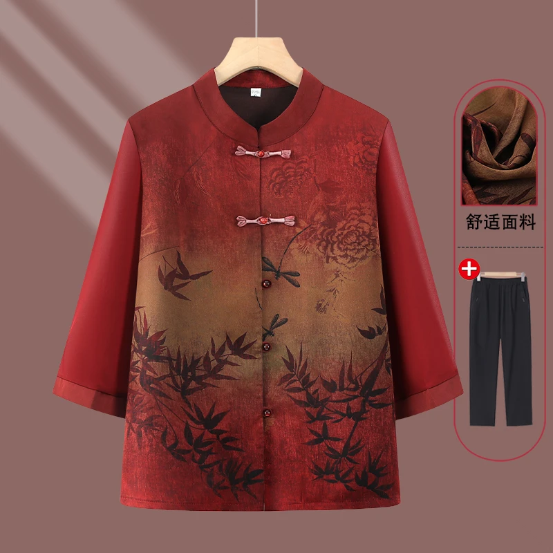 2025春上衣妈妈夏装中袖洋气时尚小衫中老年奶奶印花七分袖上衣女