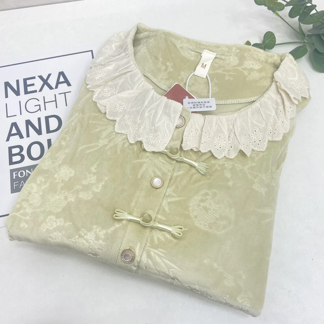 092#冬款新中式国风芥末绿重工压花女士高货海岛绒睡衣套装家居服