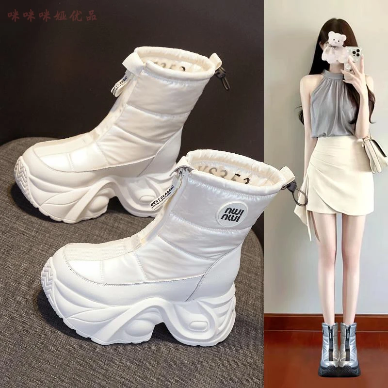 厚底东北雪地靴女士棉鞋时尚新款冬季加绒小个子内增高马丁短靴子