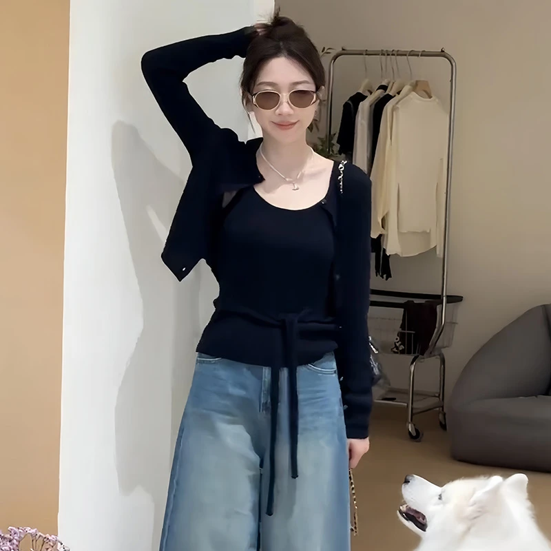 秋季新款韩系小众别致薄款法式长袖针织开衫绑带收腰吊带背心套装