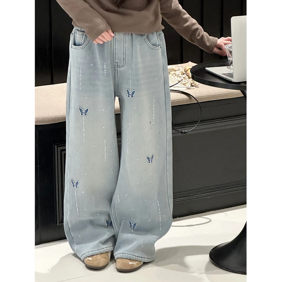 K30385高端烫钻女童加绒牛仔裤秋冬装加厚裤子2025新款儿童直筒裤