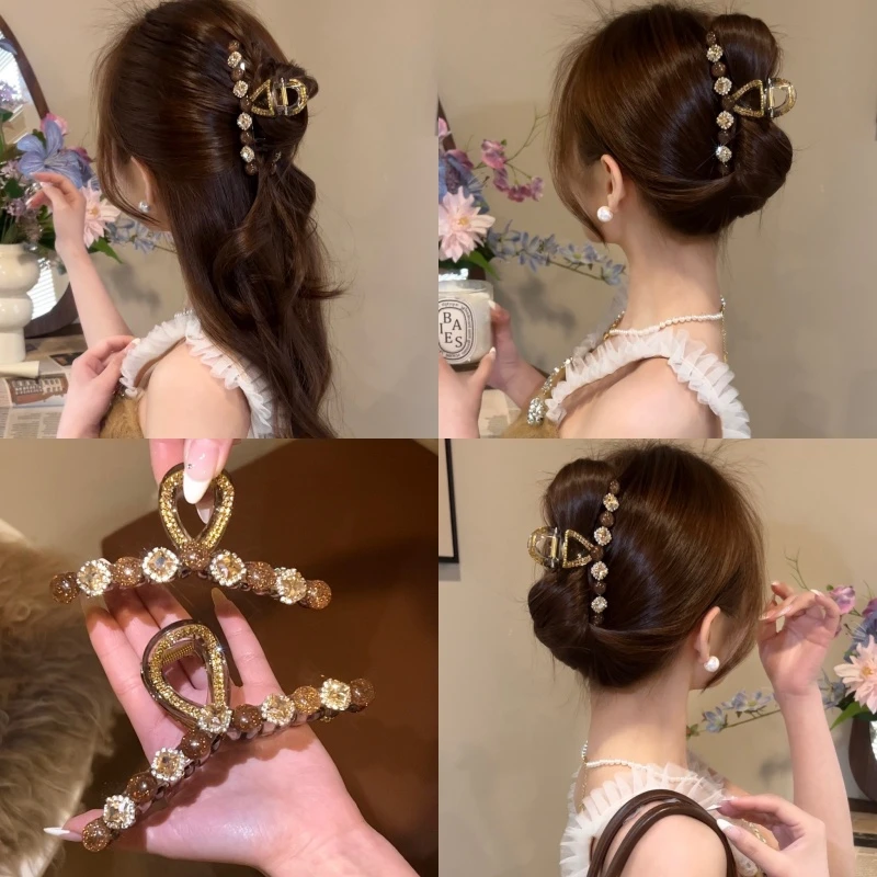 春夏新款方糖珠珠水钻发夹高级感轻奢发卡优雅洋气百搭鲨鱼夹