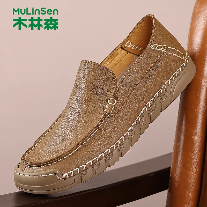 木林森秋季休闲皮鞋男士软底真皮休闲鞋百搭正装爸爸鞋潮流休闲鞋