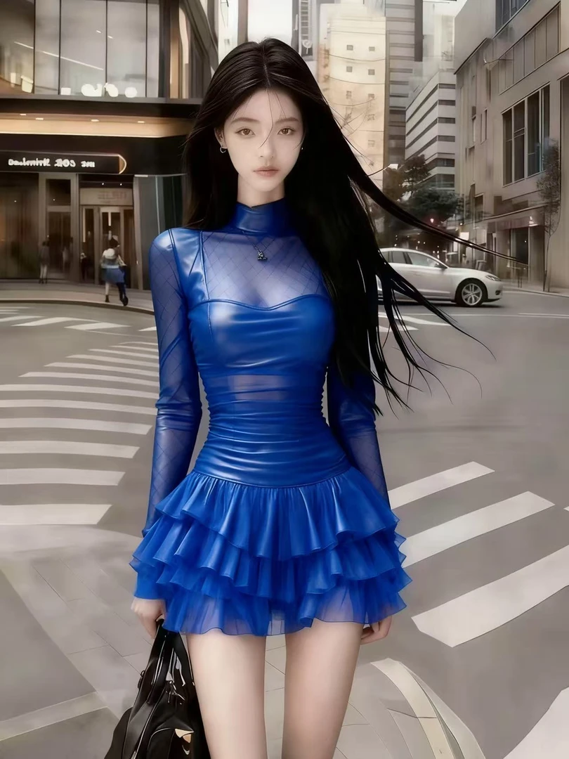 秋季时尚优雅高级气质显瘦蓝色网纱拼接皮裙高领修身长袖连衣裙