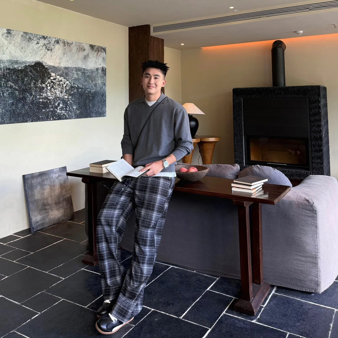 SANBAI 叁佰【慵懒棋盘】渐变格纹男磨毛格子秋冬休闲裤