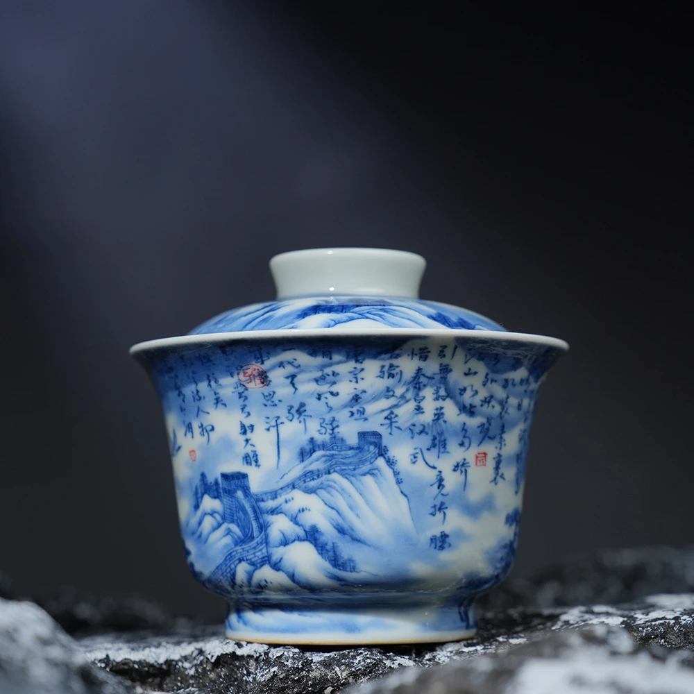 景琳藏雪景山水沁园春雪盖碗 景德镇手全工手绘中式送礼茶碗茶器