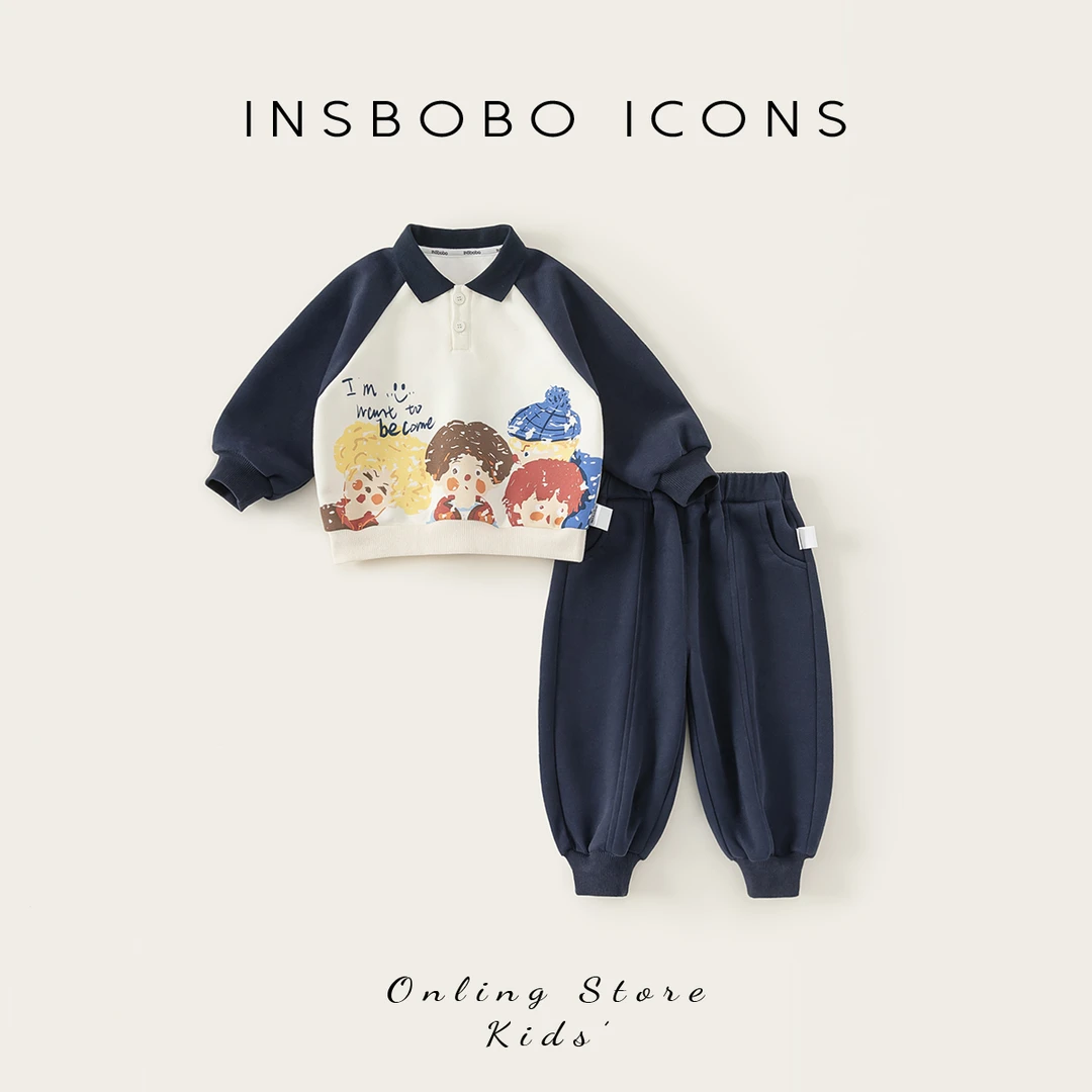 INSbobo儿童春季套装插肩袖拼色卡通印花卫衣纯色收脚卫裤CT85125