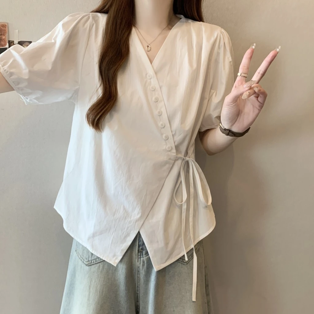 胖mm大码夏季女款休闲遮肚显瘦衬衫甜美百搭气质韩系正肩短袖T恤