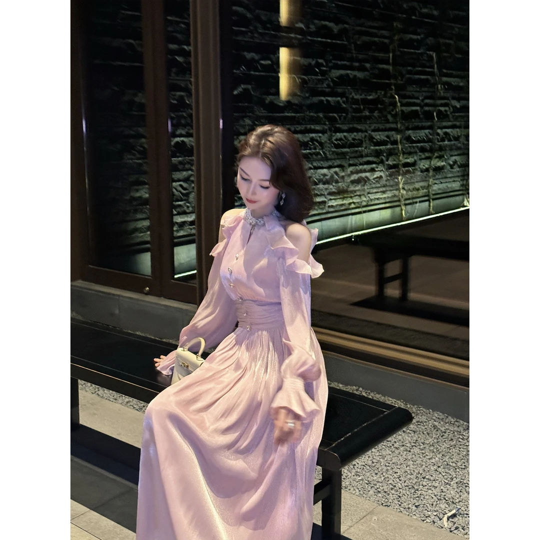 兔子定制【落日叙诗】法式露肩挂脖仙女气质显瘦连衣裙TZ032505