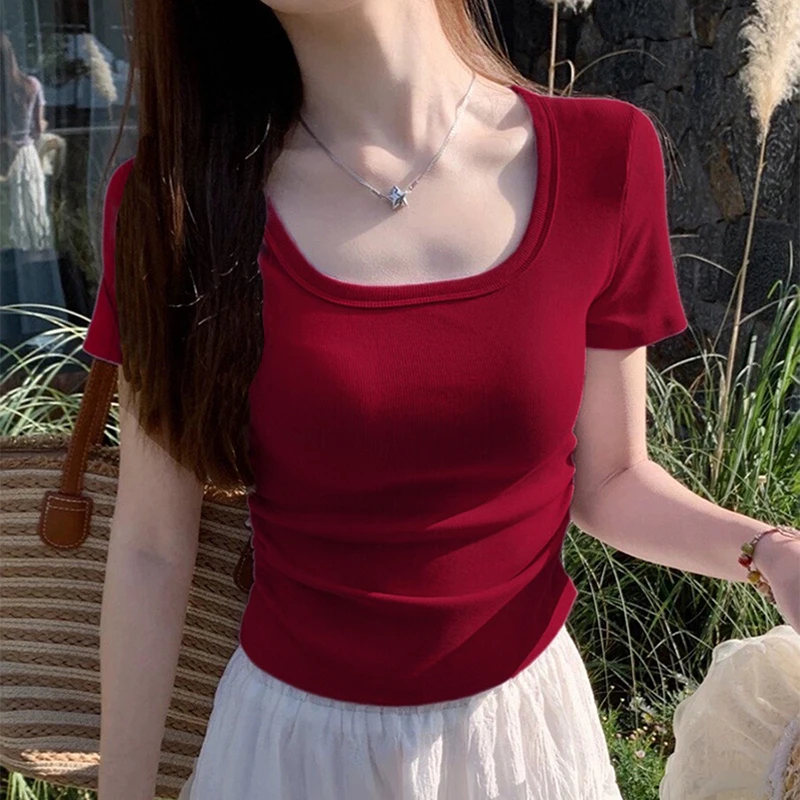 短正肩袖短款修身T恤女夏季新款U领圆领上衣百搭显瘦打底衫设计感