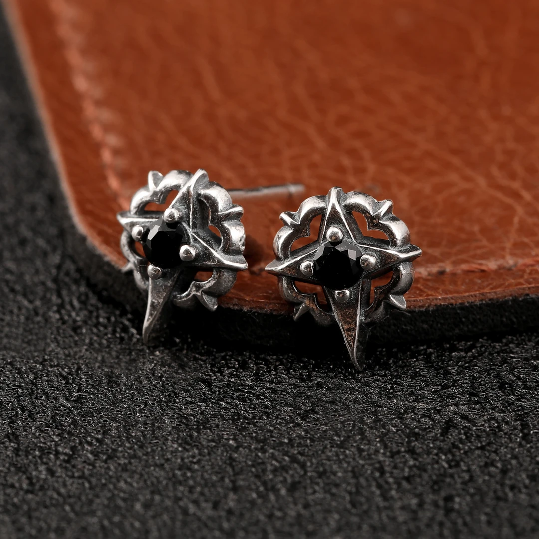 925银耳饰 潮流纯银十字星芒耳钉复古做旧中性风北极星银耳环