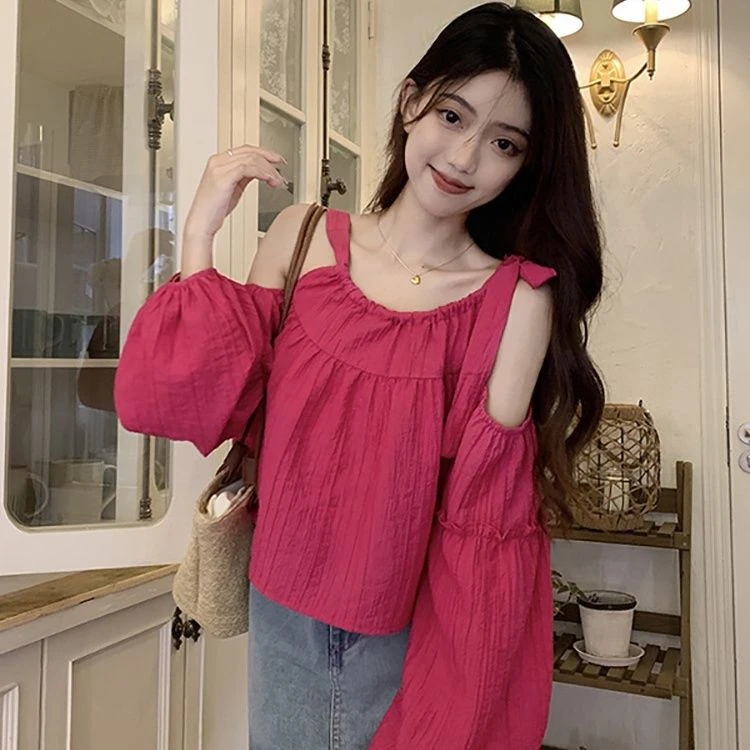 甜美温柔木耳边吊带外穿宽松显瘦娃娃衫夏季小众减龄露肩上衣女