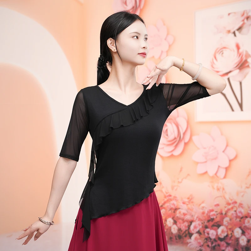 现代舞蹈服当代练功服女新款拼接飘纱身韵舞衣中袖修身上衣形体服