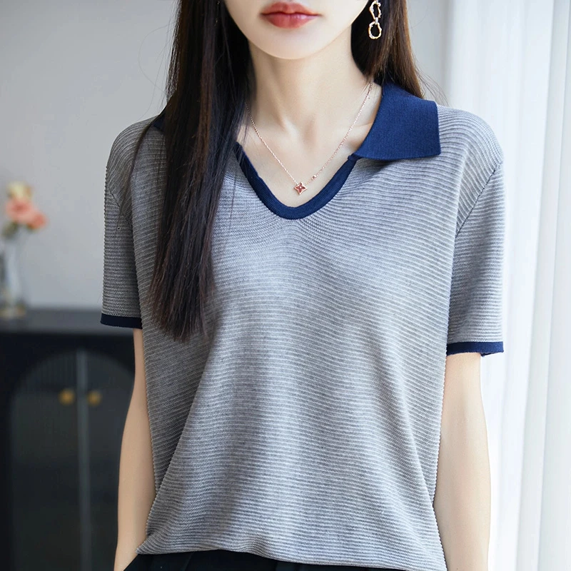 100%莱赛尔天丝清凉抗静电 撞色针织短袖女夏V领上衣T恤