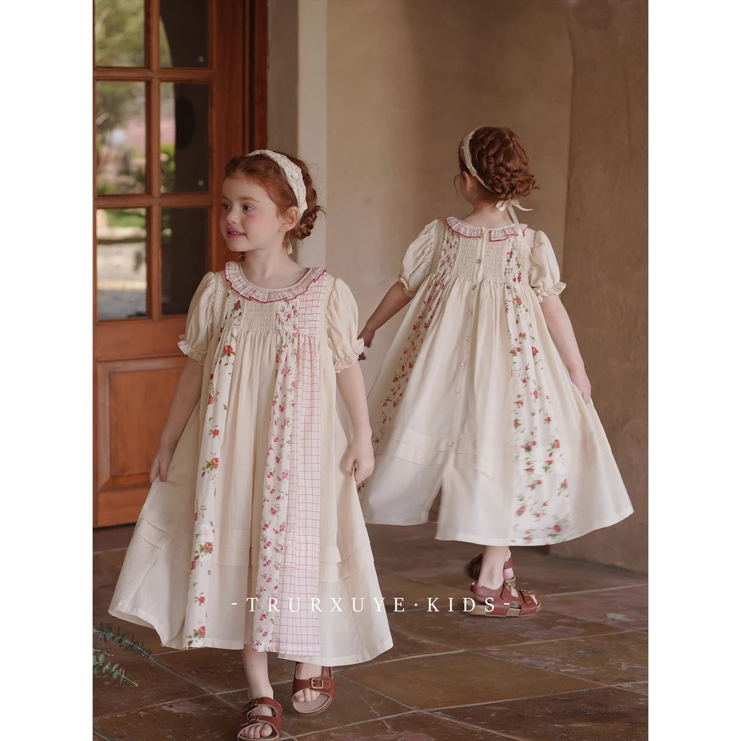 【重工系列】初煦女童复古法式碎花拼接刺绣连衣裙宝宝纯棉公主裙