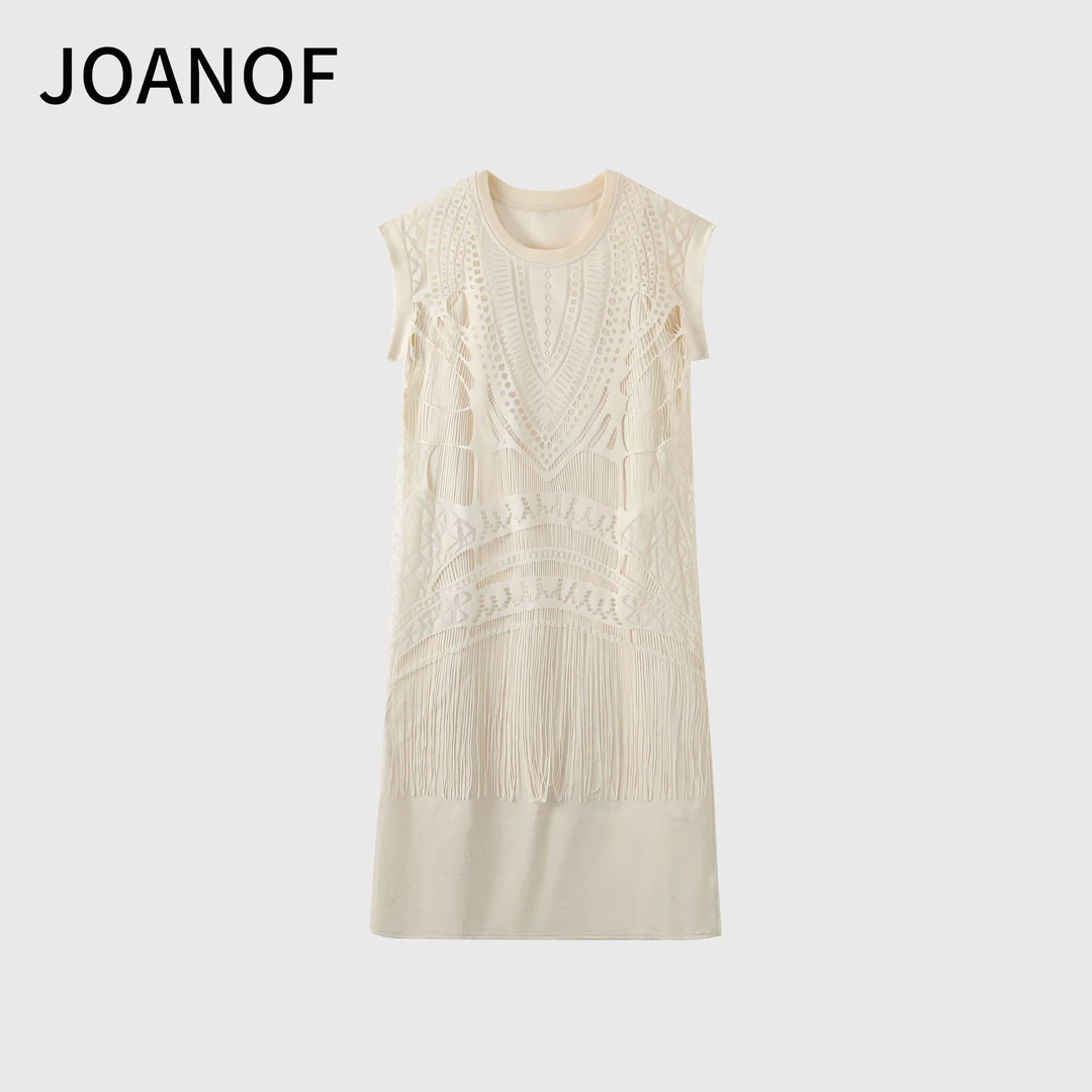 JOANOF【专属W】高腰时尚圆领纯色流苏拼接优雅女装连衣裙-XL597