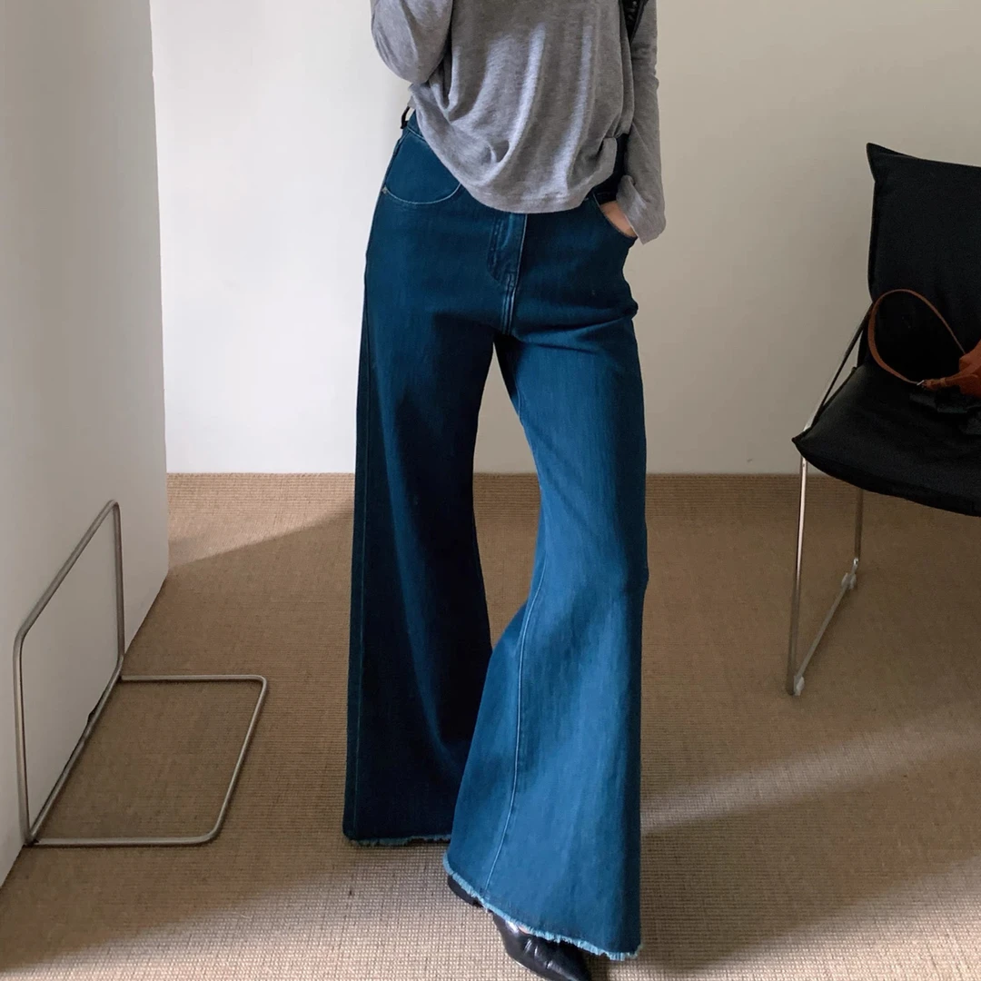 GL韩版四面弹高腰直筒牛仔裤女秋款毛边百搭显瘦直筒微喇长裤3696