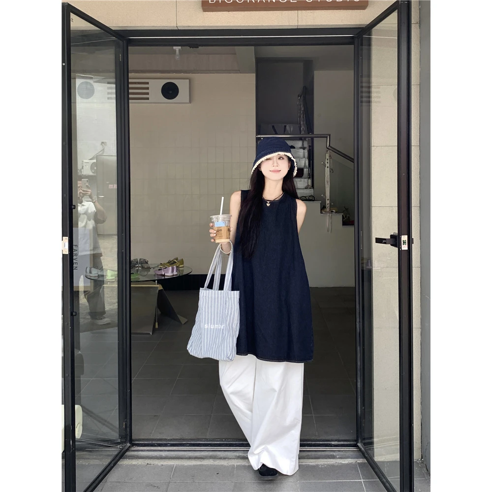 ~大码韩系气质背后小镂空无袖慵懒牛仔连衣裙+休闲阔腿裤