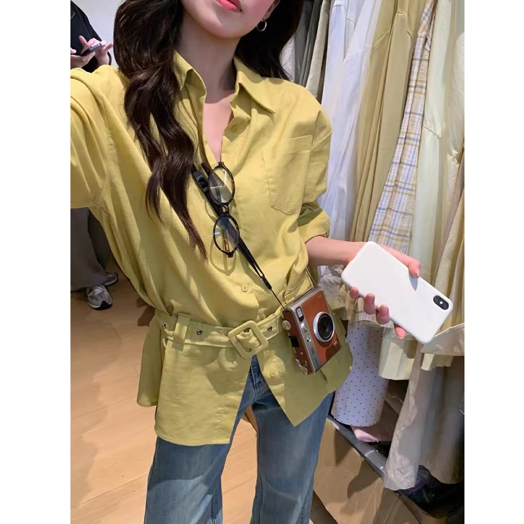 ZX6176春季时尚配腰带修身长袖衬衫女韩版气质衬衣上衣女