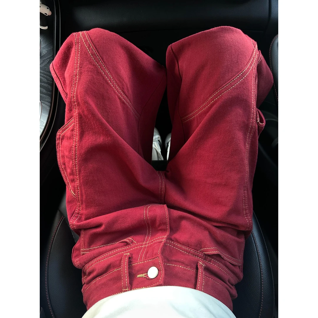 红色显瘦直筒工装七分牛仔中裤女夏季新款复古宽松设计感阔腿裤潮