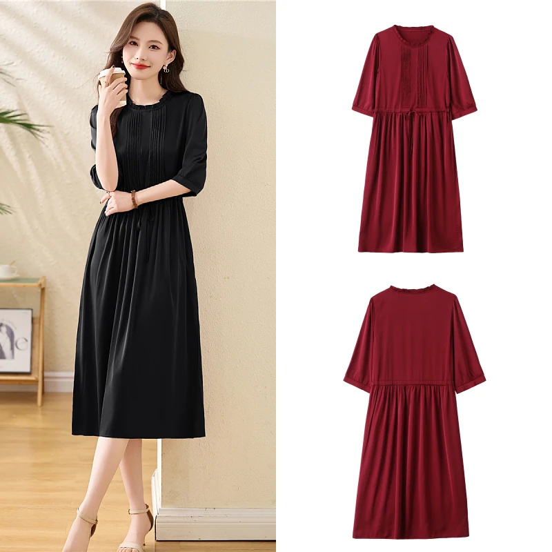 知性优雅短袖连衣裙女中长款夏季新款2025夏收腰显瘦皱褶过膝裙子