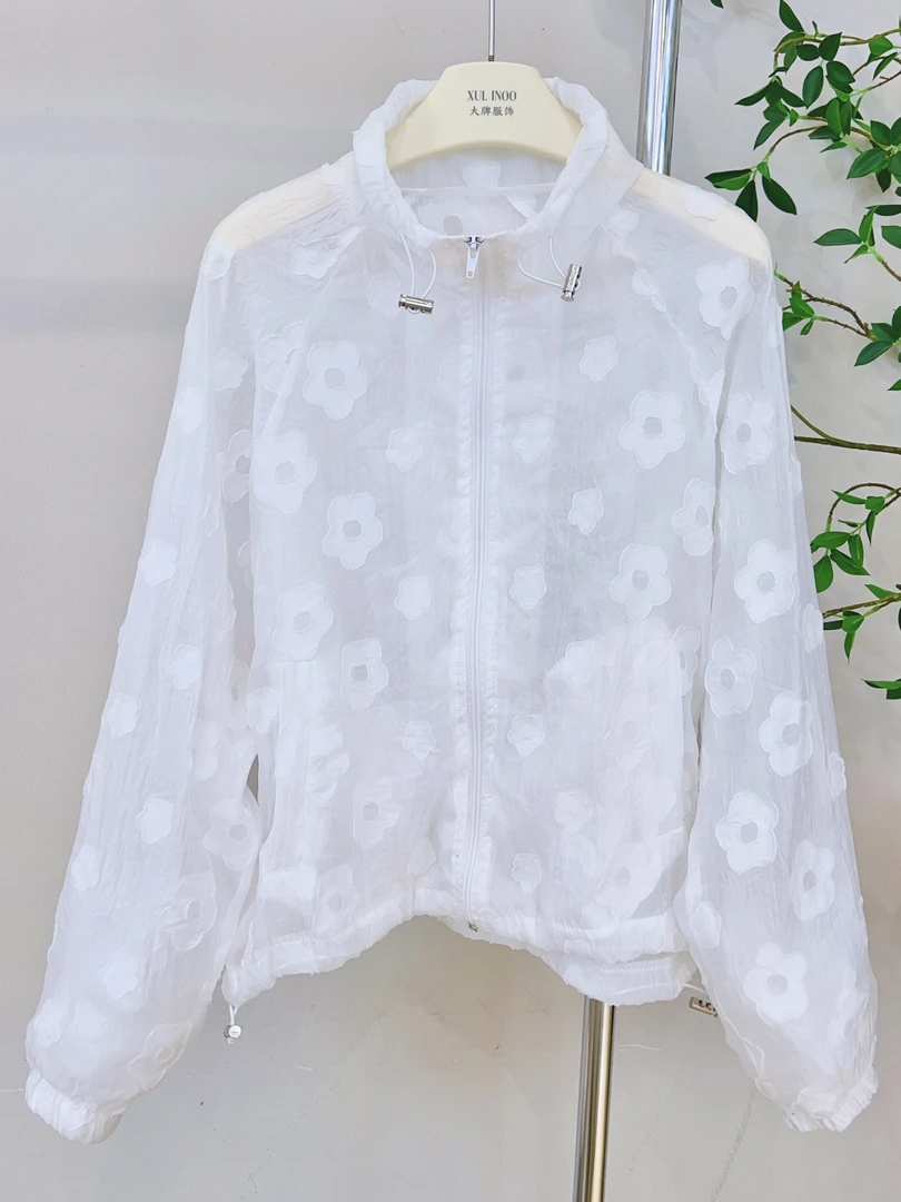 丨早秋新款白色度假风花朵提花透视拉链粉色外套 A1488