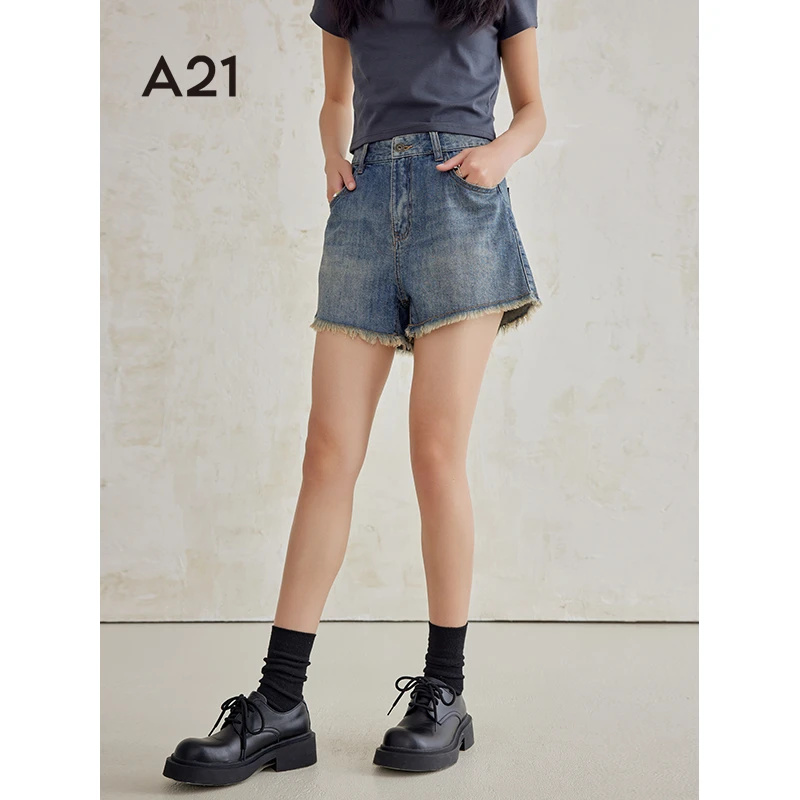 A21女装直筒牛仔短裤夏季美式复古高级感水三分裤F442226033