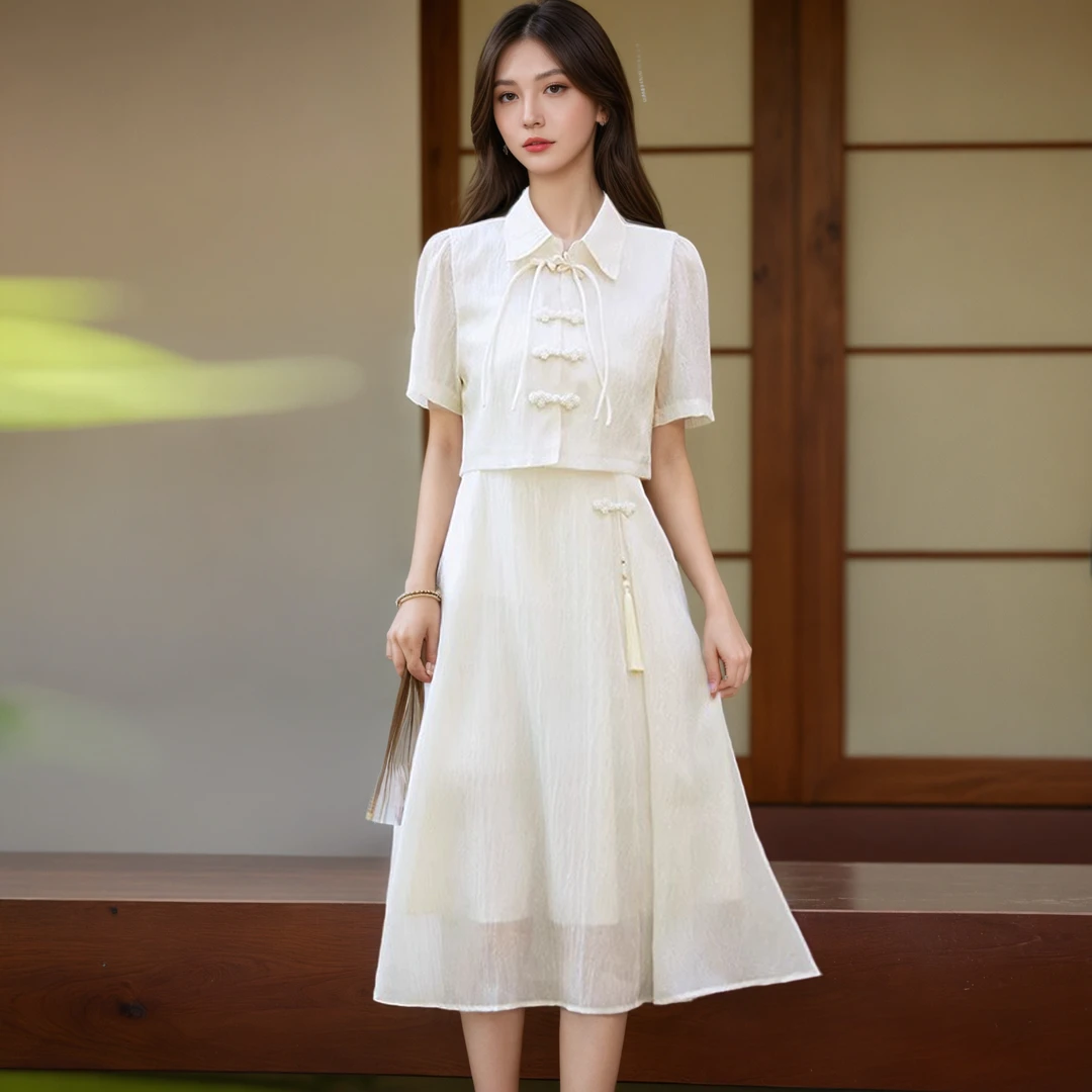 新中式国风连衣裙女2025夏新款短袖盘扣衬衫配吊带裙子汉服两件套