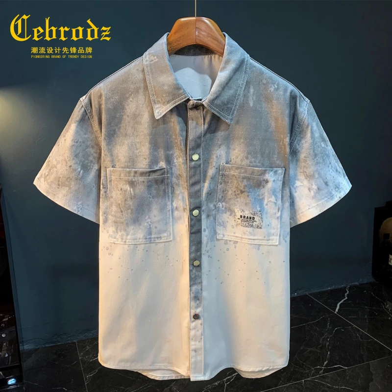 法国Cebrodz男士短袖夏季薄款水洗牛仔衬衫高级感百搭翻领半袖衫