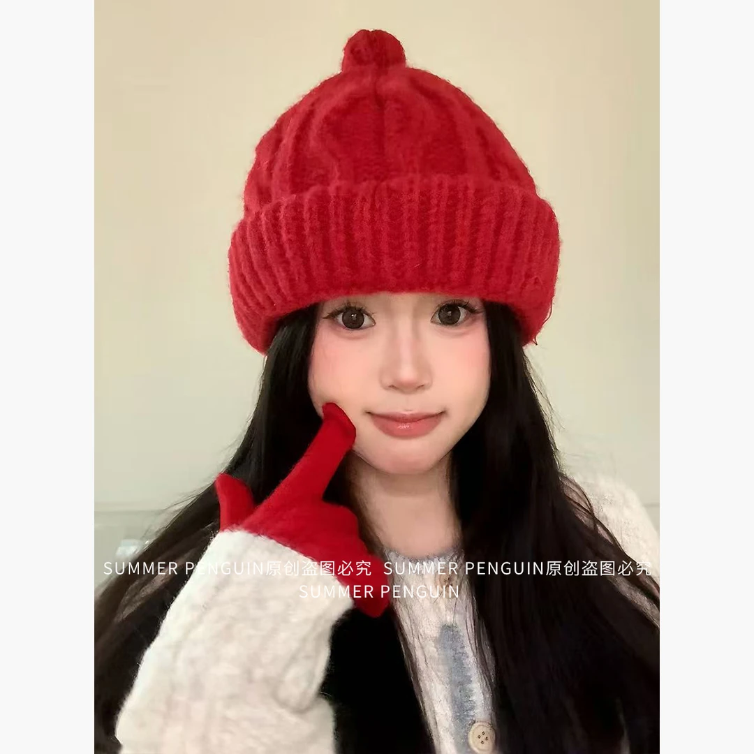 SUMMER PENGUIN纯色毛球卷边针织帽子女冬加厚显脸小毛线帽包头帽