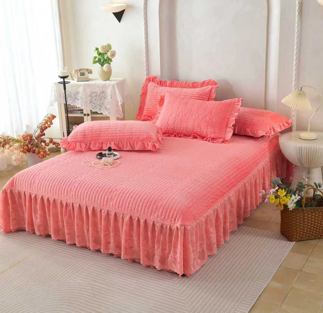 特厚加大新款秋冬欧根纱加绒加棉婴儿绒宝宝绒防滑单床裙床盖纯色