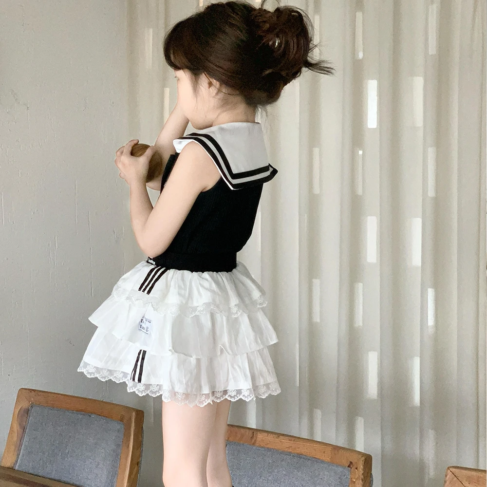 韩国童装套装2025年夏季新款时髦洋气海军领背心条纹蛋糕裙两件套