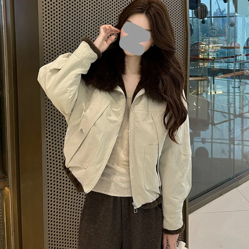 撞色翻领网红款短外套冬新款加厚小个子保暖夹克派克服时尚小众