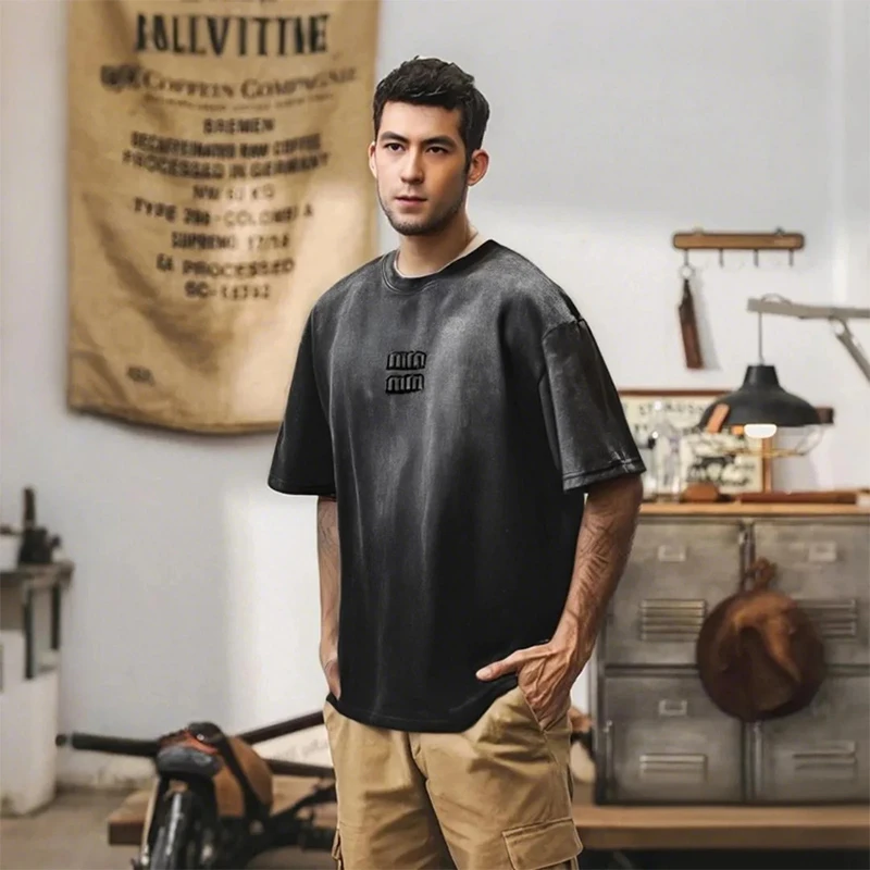 日系简约重磅短袖t恤男士夏季新款美式潮牌宽松休闲情侣半袖体恤T