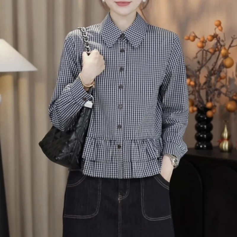 港风时尚格子翻领长袖衬衫女2025春秋新款衬衣减龄花边打底衫上衣