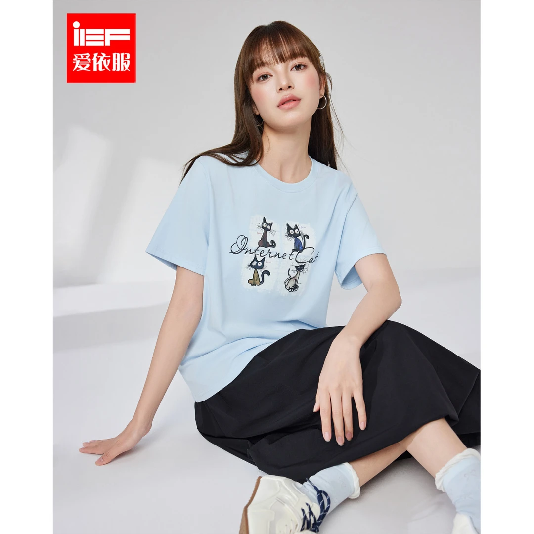 IEF/爱依服上衣2025夏季新款休闲通勤气质小众猫咪印花T恤流光风