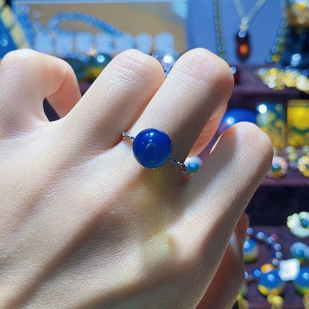蓝珀银S925镶嵌戒指9mm高蓝净水