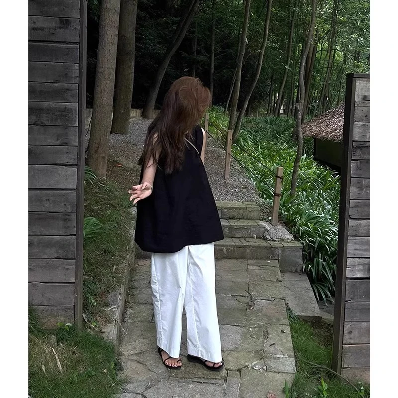 法式赫本风chic小众露背无袖上衣女夏季新衬衫典黑色圆领a字背心