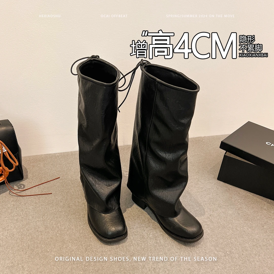真皮版~复古小个子内增高时装长筒靴女春秋高级大筒围裤管骑士靴